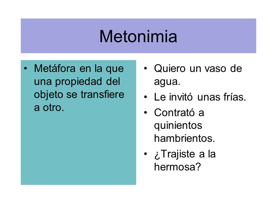 Metonimia Metáfora en la que una propiedad del objeto se transfiere a otro. Quiero un vaso de agua.
