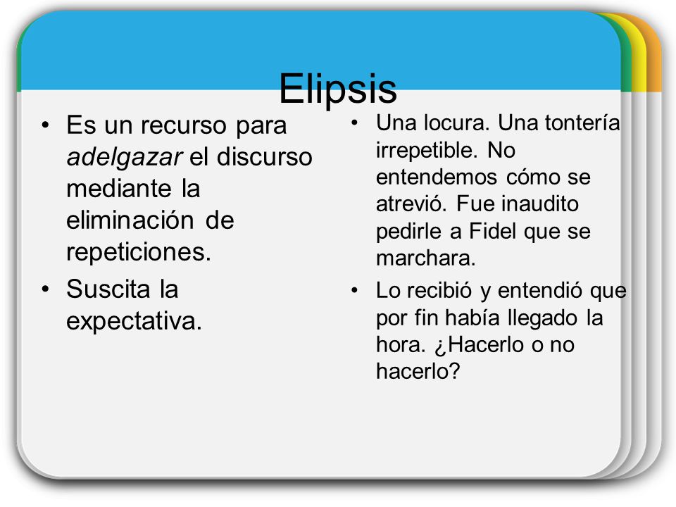 Elipsis Es un recurso para adelgazar el discurso mediante la eliminación de repeticiones. Suscita la expectativa.