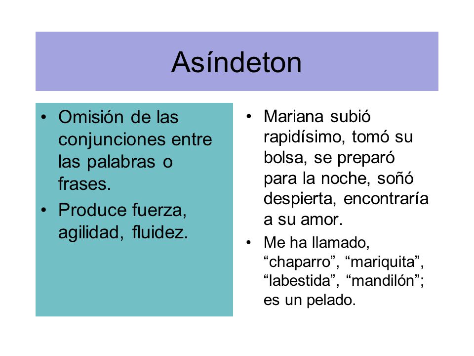 Asíndeton Omisión de las conjunciones entre las palabras o frases.