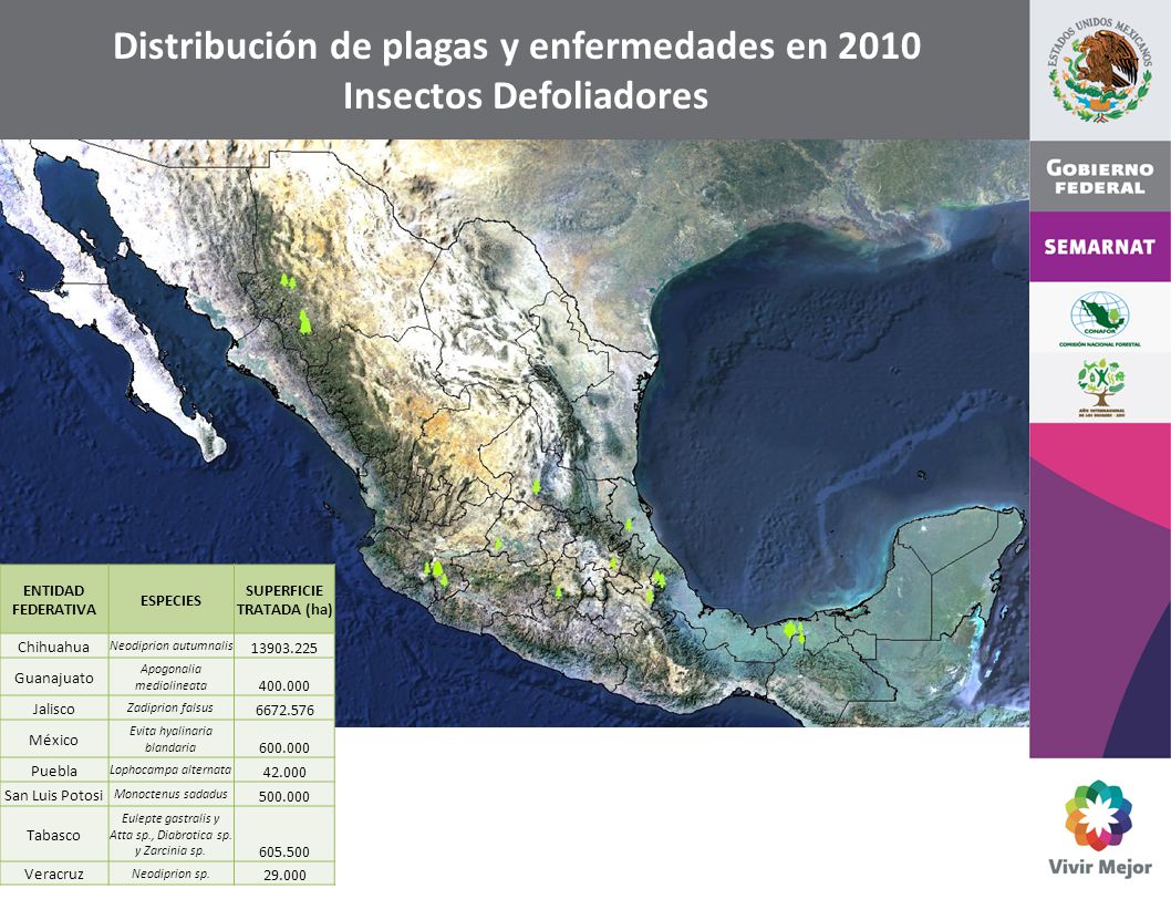 Distribución de plagas y enfermedades en 2010 Insectos Defoliadores