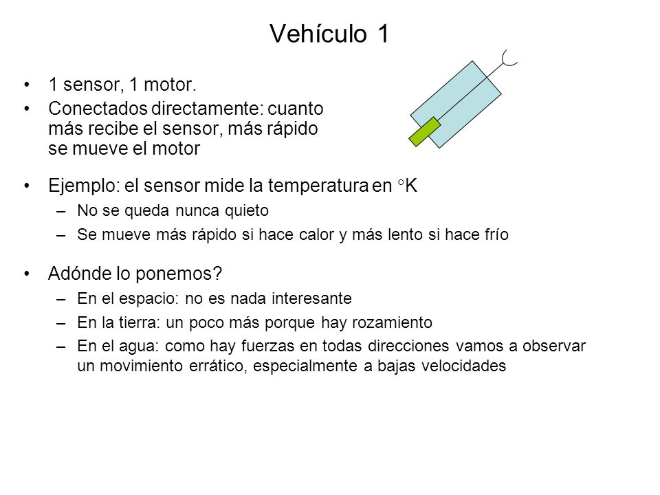 Vehículo 1 1 sensor, 1 motor. Conectados directamente: cuanto más recibe el sensor, más rápido se mueve el motor.