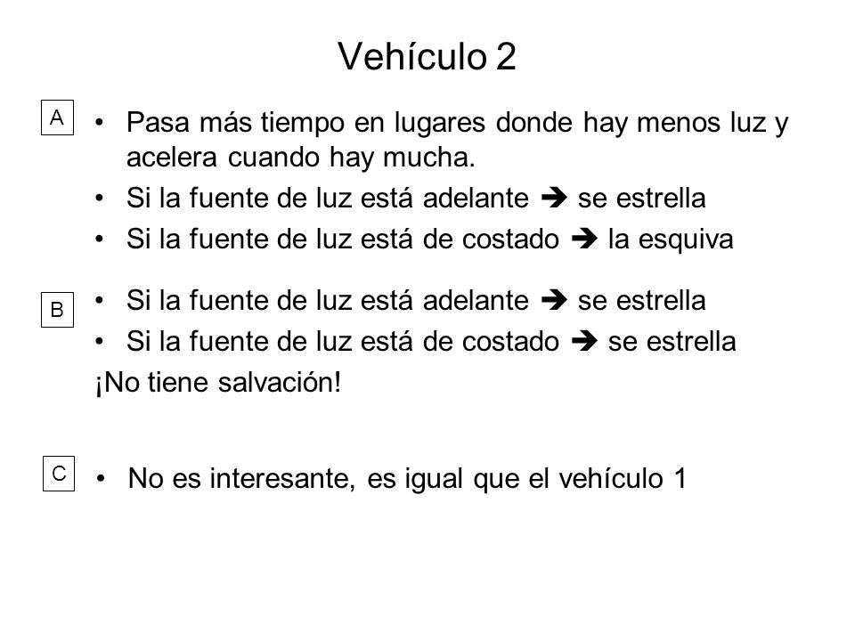Vehículo 2 A. Pasa más tiempo en lugares donde hay menos luz y acelera cuando hay mucha. Si la fuente de luz está adelante  se estrella.