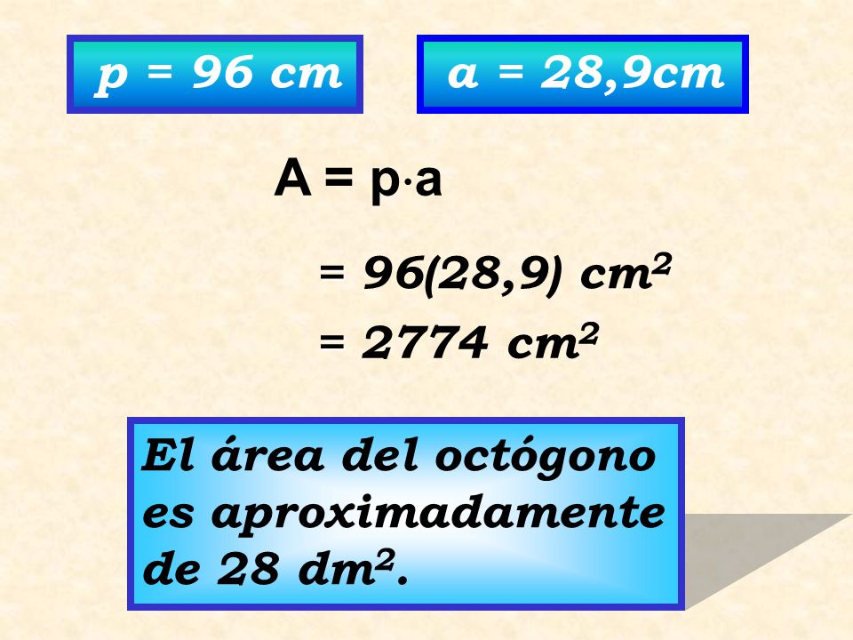A = pa p = 96 cm a = 28,9cm = 96(28,9) cm2 = 2774 cm2