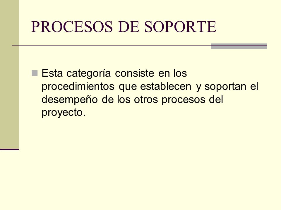 PROCESOS DE SOPORTE Esta categoría consiste en los procedimientos que establecen y soportan el desempeño de los otros procesos del proyecto.