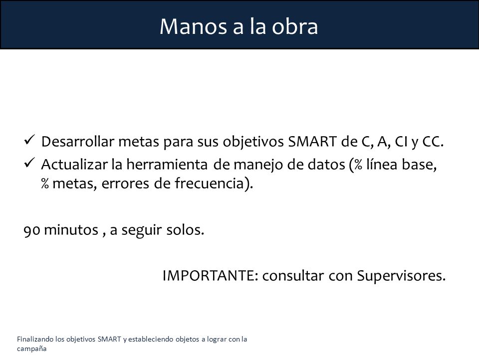 Manos a la obra Desarrollar metas para sus objetivos SMART de C, A, CI y CC.