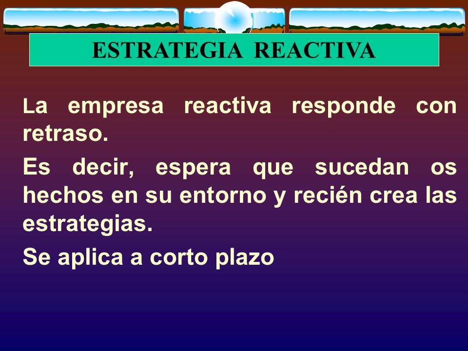 ESTRATEGIA REACTIVA La empresa reactiva responde con retraso. Es decir, espera que sucedan os hechos en su entorno y recién crea las estrategias.
