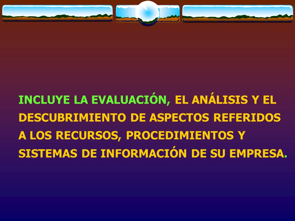INCLUYE LA EVALUACIÓN, EL ANÁLISIS Y EL DESCUBRIMIENTO DE ASPECTOS REFERIDOS A LOS RECURSOS, PROCEDIMIENTOS Y SISTEMAS DE INFORMACIÓN DE SU EMPRESA.