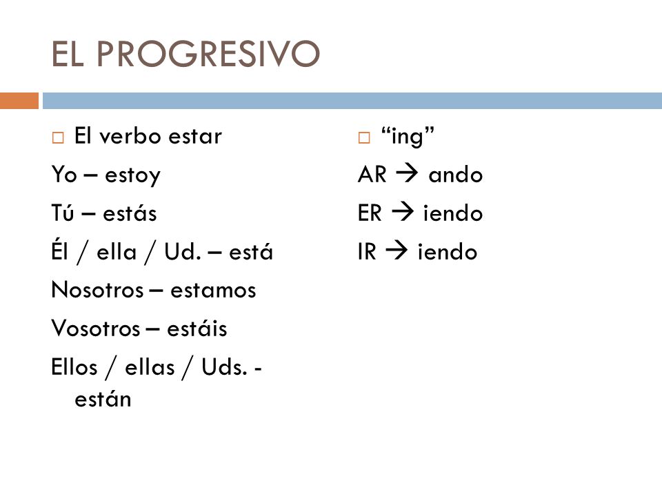 EL PROGRESIVO El verbo estar Yo – estoy Tú – estás
