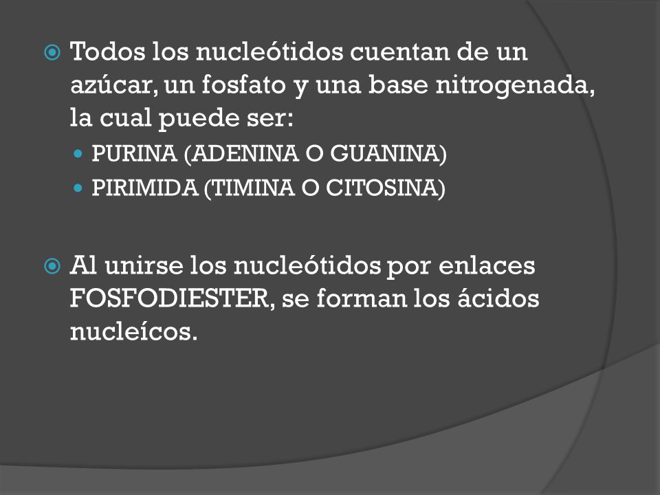 Todos los nucleótidos cuentan de un azúcar, un fosfato y una base nitrogenada, la cual puede ser:
