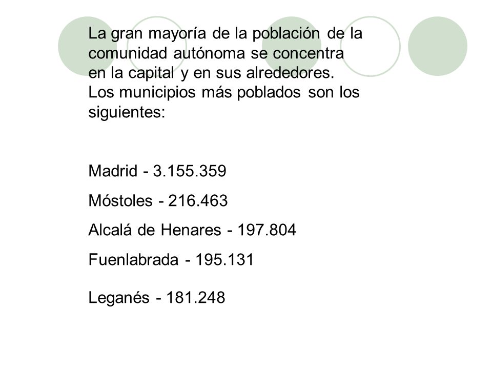 La gran mayoría de la población de la comunidad autónoma se concentra en la capital y en sus alrededores. Los municipios más poblados son los siguientes: