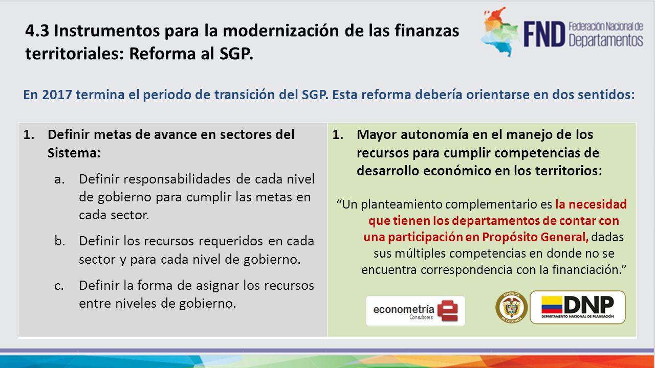 4.3 Instrumentos para la modernización de las finanzas territoriales: Reforma al SGP.