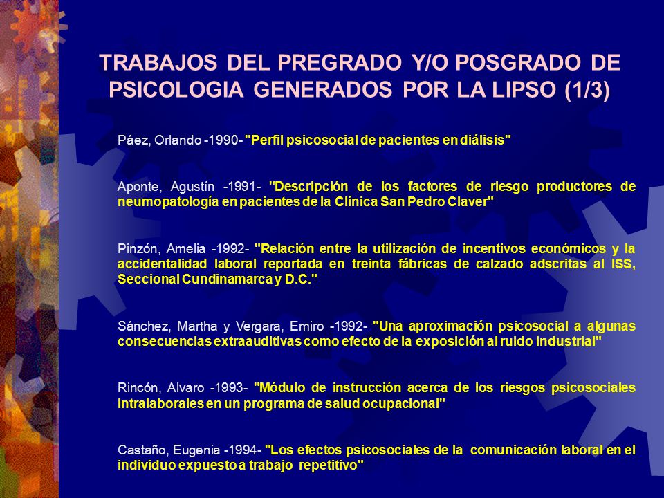 TRABAJOS DEL PREGRADO Y/O POSGRADO DE PSICOLOGIA GENERADOS POR LA LIPSO (1/3)