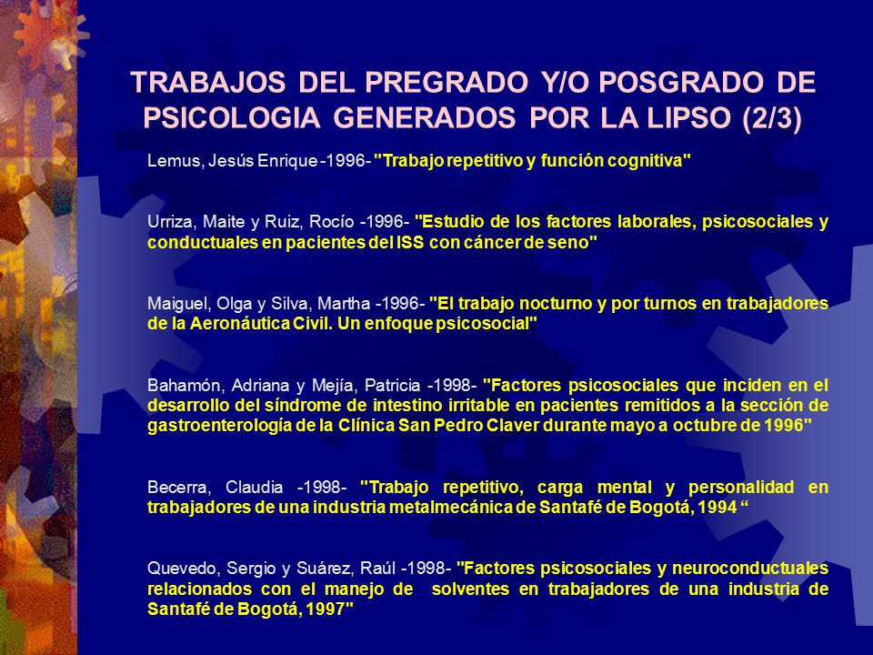 TRABAJOS DEL PREGRADO Y/O POSGRADO DE PSICOLOGIA GENERADOS POR LA LIPSO (2/3)