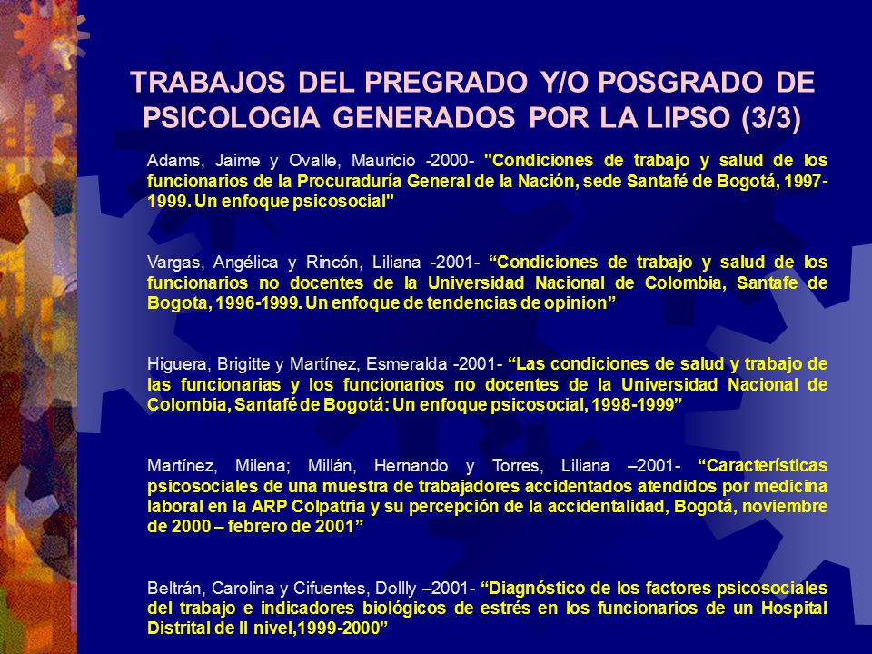 TRABAJOS DEL PREGRADO Y/O POSGRADO DE PSICOLOGIA GENERADOS POR LA LIPSO (3/3)