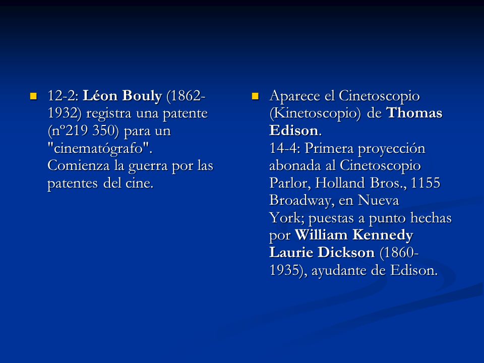 12-2: Léon Bouly ( ) registra una patente (nº ) para un cinematógrafo . Comienza la guerra por las patentes del cine.