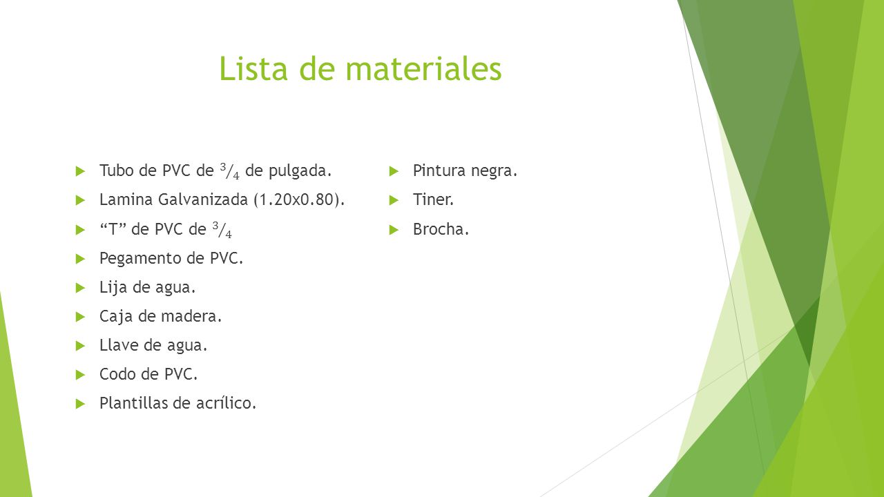 Lista de materiales Tubo de PVC de 3 4 de pulgada.
