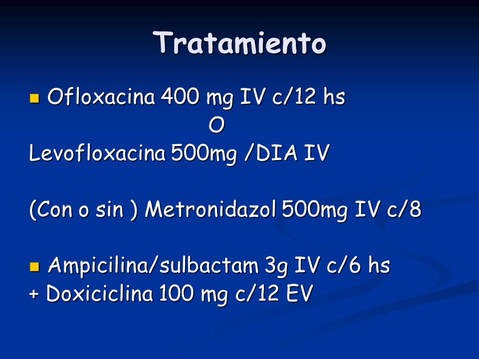 Tratamiento Ofloxacina 400 mg IV c/12 hs O Levofloxacina 500mg /DIA IV