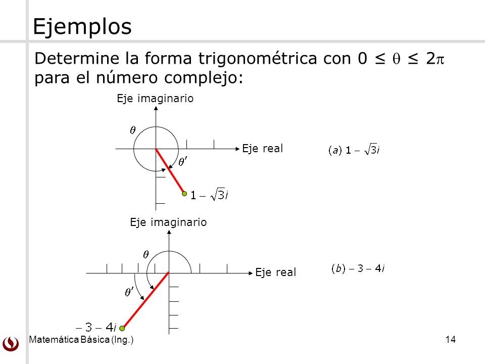 Ejemplos Determine la forma trigonométrica con 0 ≤  ≤ 2 para el número complejo:  ’ Eje imaginario.