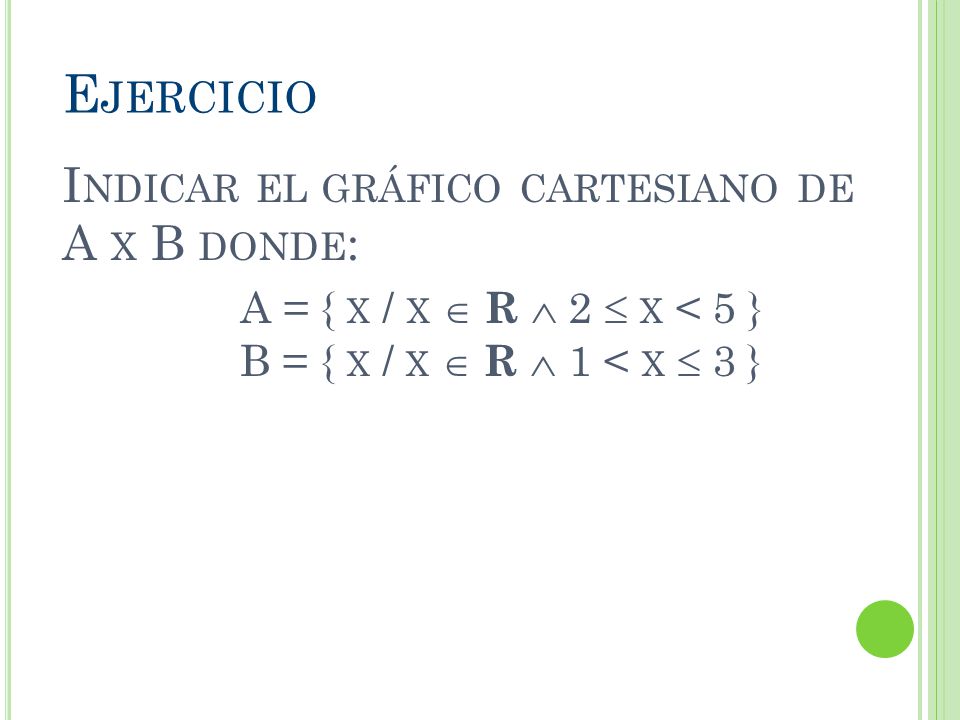 Indicar el gráfico cartesiano de A x B donde: A = { x / x  R  2  x < 5 } B = { x / x  R  1 < x  3 }