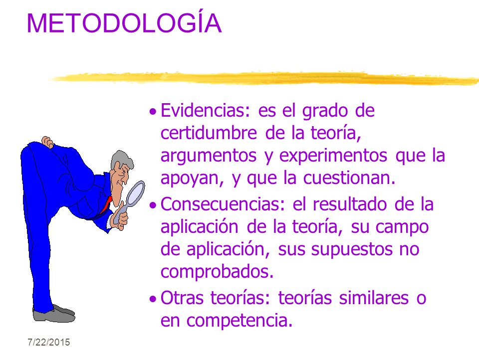 METODOLOGÍA Evidencias: es el grado de certidumbre de la teoría, argumentos y experimentos que la apoyan, y que la cuestionan.