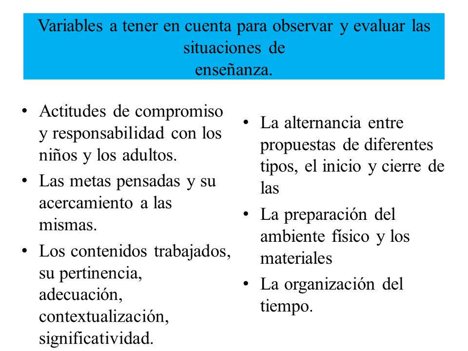 Variables a tener en cuenta para observar y evaluar las situaciones de enseñanza.