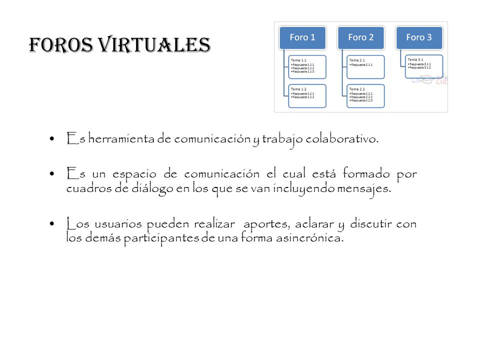 FOROS VIRTUALES Es herramienta de comunicación y trabajo colaborativo.