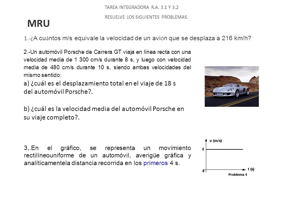 TAREA INTEGRADORA R.A. 3.1 Y 3.2 RESUELVE LOS SIGUIENTES PROBLEMAS. MRU.