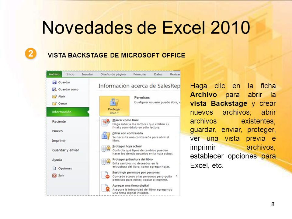Novedades de Excel 2010 VISTA BACKSTAGE DE MICROSOFT OFFICE.