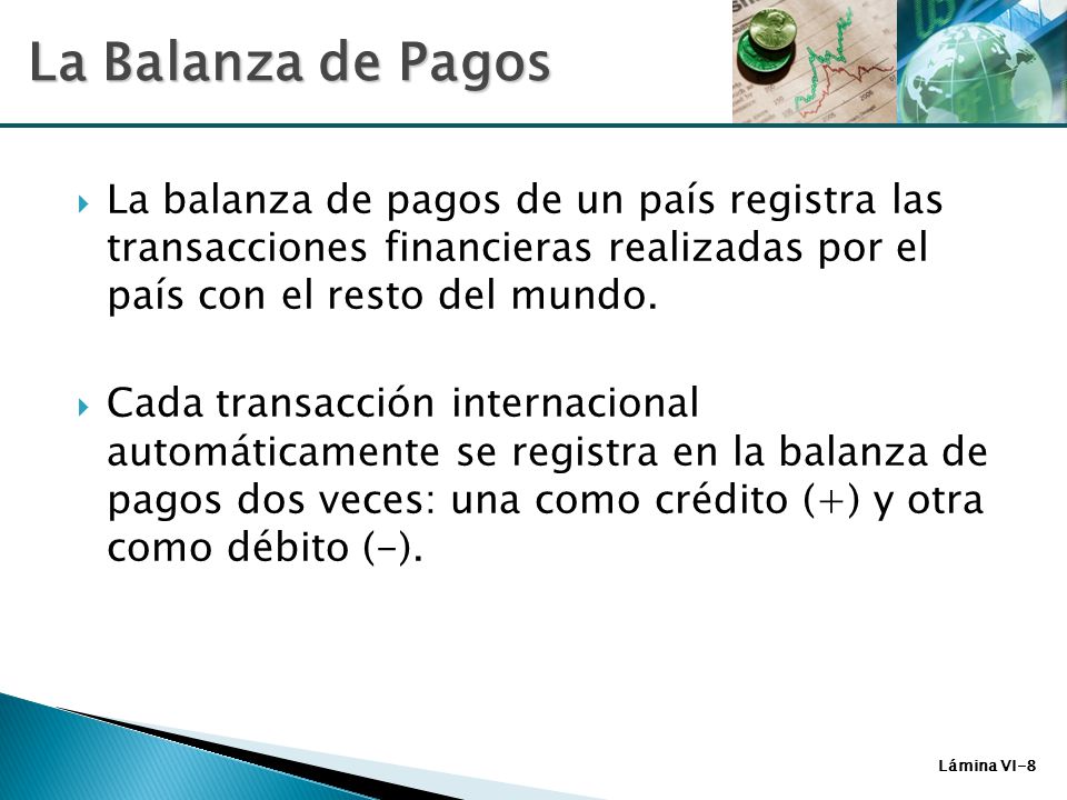 La Balanza de Pagos La balanza de pagos de un país registra las transacciones financieras realizadas por el país con el resto del mundo.