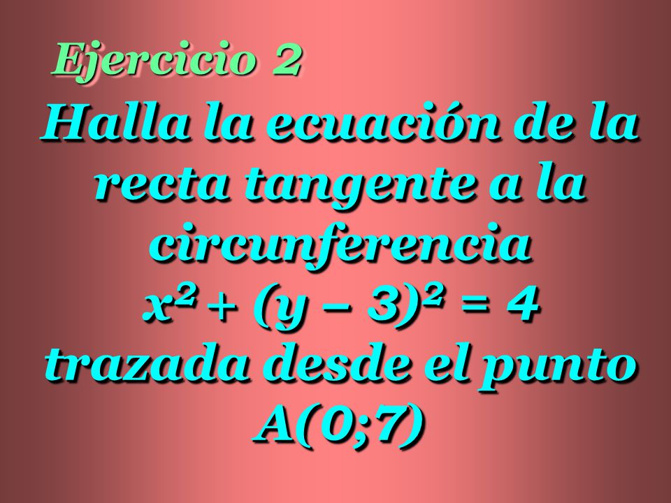 Ejercicio 2 Halla la ecuación de la recta tangente a la circunferencia x2 + (y – 3)2 = 4 trazada desde el punto A(0;7)