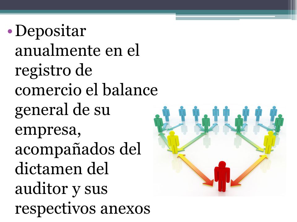 Depositar anualmente en el registro de comercio el balance general de su empresa, acompañados del dictamen del auditor y sus respectivos anexos