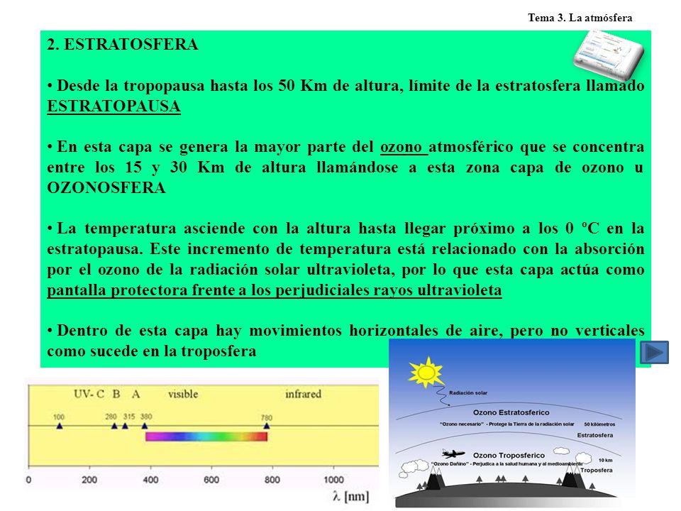Tema 3. La atmósfera 2. ESTRATOSFERA. Desde la tropopausa hasta los 50 Km de altura, límite de la estratosfera llamado ESTRATOPAUSA.