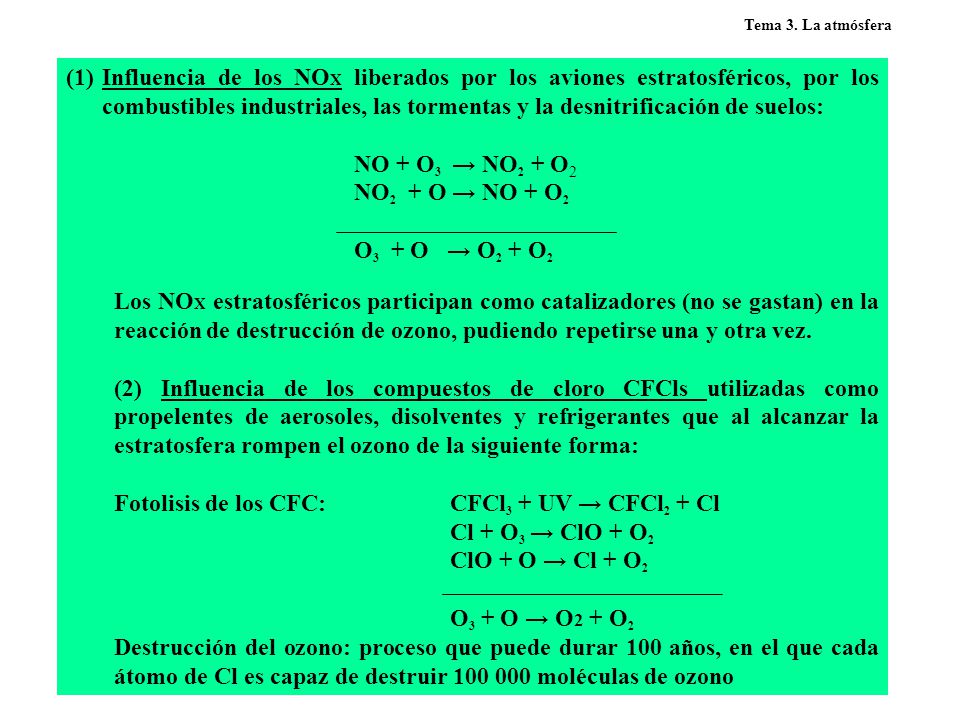Fotolisis de los CFC: CFCl3 + UV → CFCl2 + Cl Cl + O3 → ClO + O2