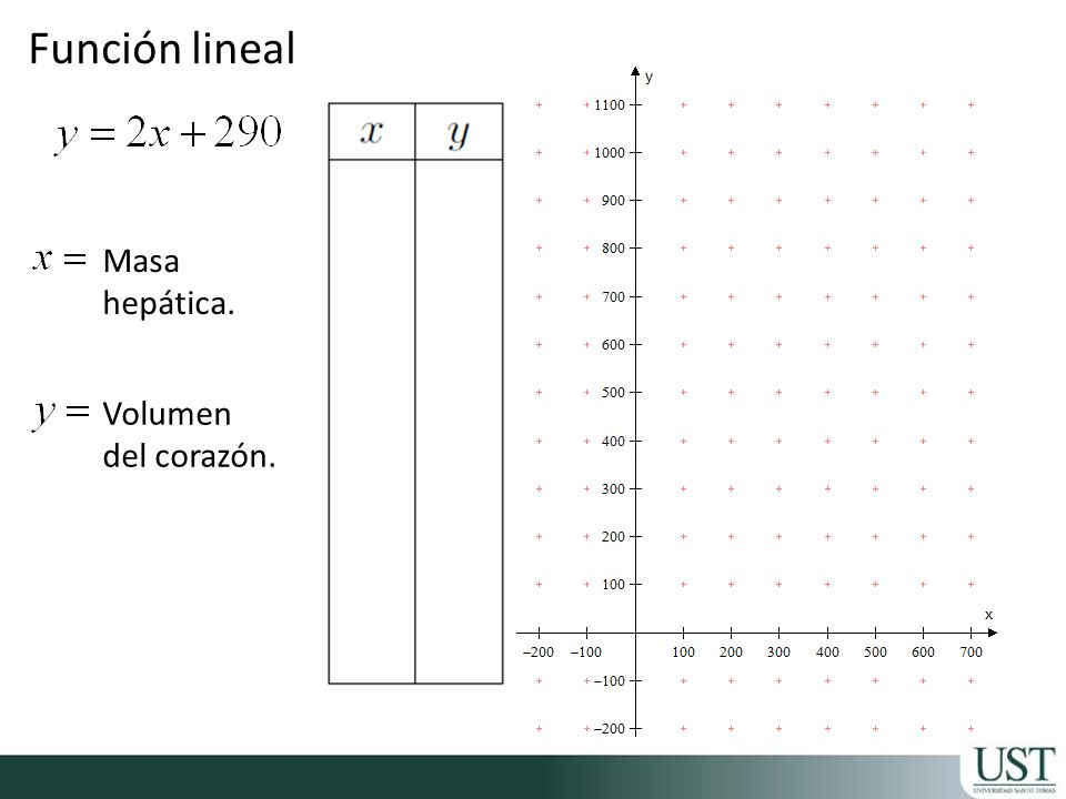 Función lineal Masa hepática. Volumen del corazón.