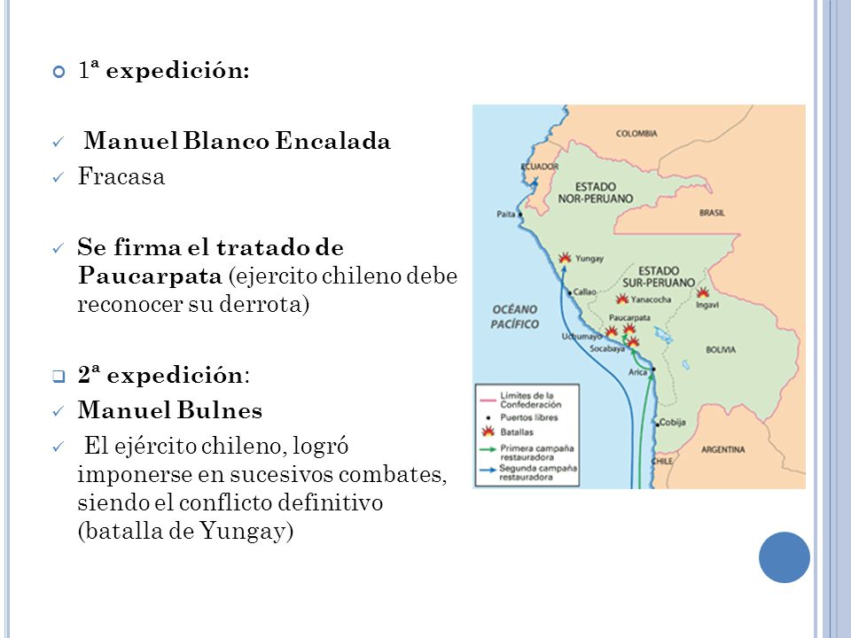 1ª expedición: Manuel Blanco Encalada. Fracasa. Se firma el tratado de Paucarpata (ejercito chileno debe reconocer su derrota)