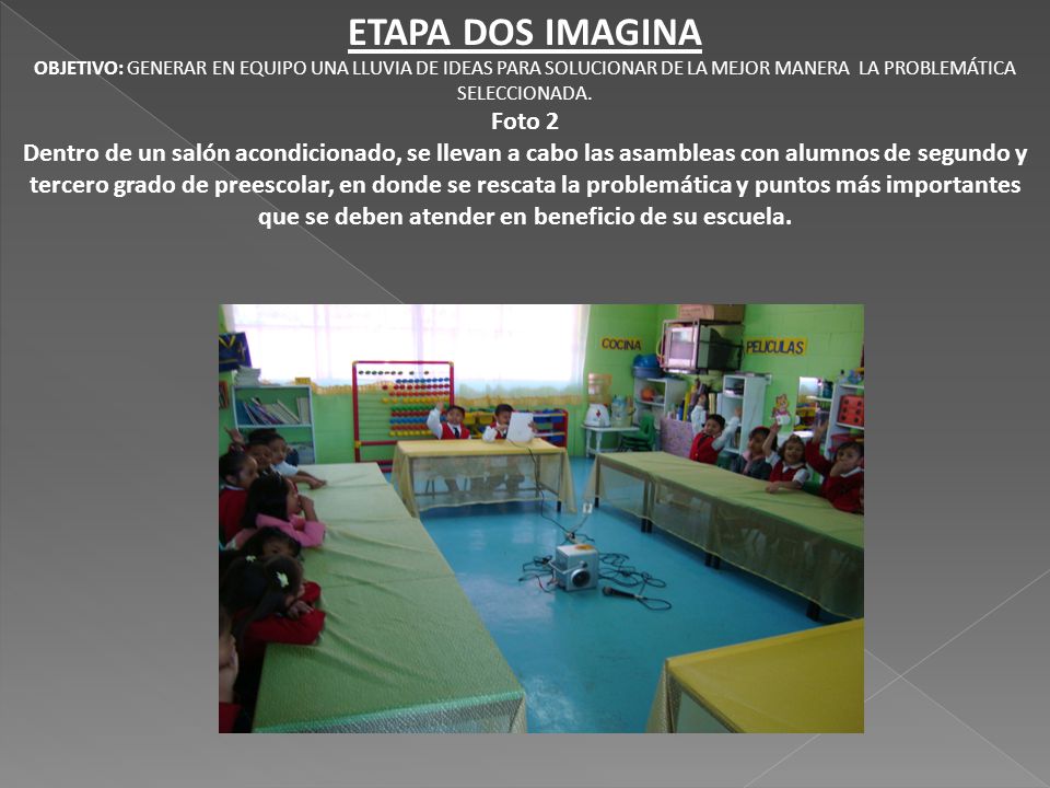 ETAPA DOS IMAGINA OBJETIVO: GENERAR EN EQUIPO UNA LLUVIA DE IDEAS PARA SOLUCIONAR DE LA MEJOR MANERA LA PROBLEMÁTICA SELECCIONADA.