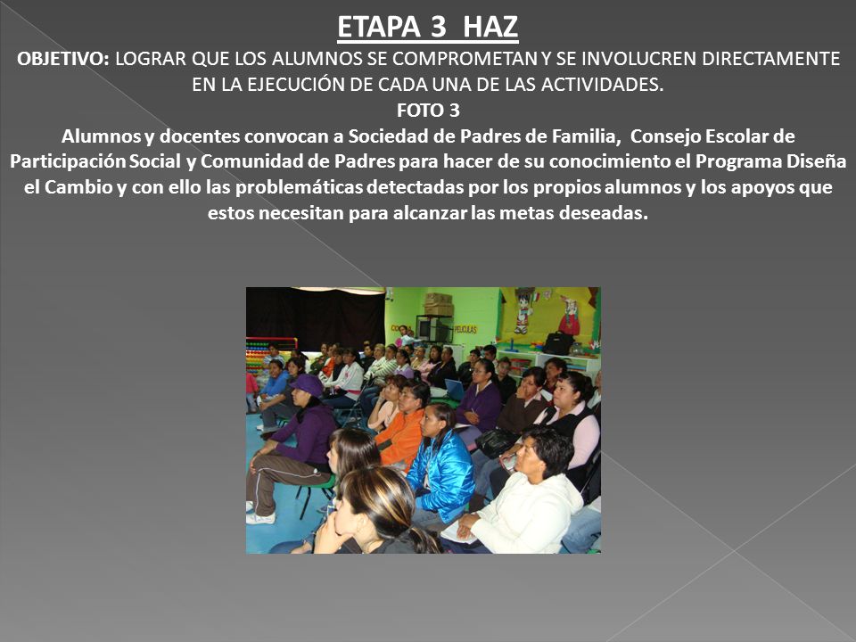 ETAPA 3 HAZ OBJETIVO: LOGRAR QUE LOS ALUMNOS SE COMPROMETAN Y SE INVOLUCREN DIRECTAMENTE EN LA EJECUCIÓN DE CADA UNA DE LAS ACTIVIDADES.
