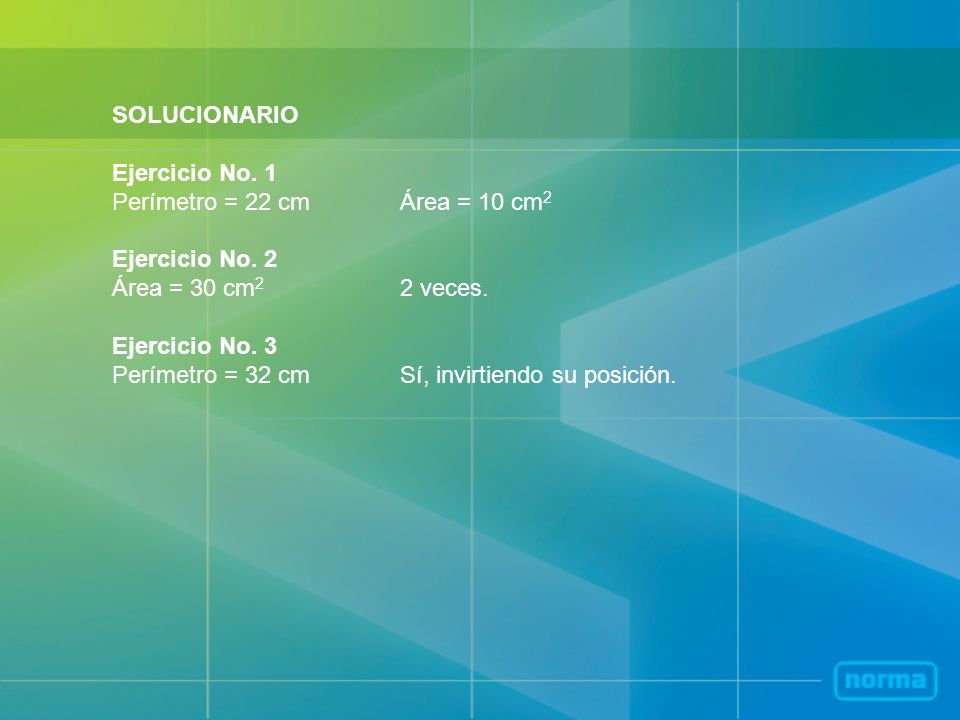 SOLUCIONARIO Ejercicio No. 1. Perímetro = 22 cm Área = 10 cm2. Ejercicio No. 2. Área = 30 cm2 2 veces.