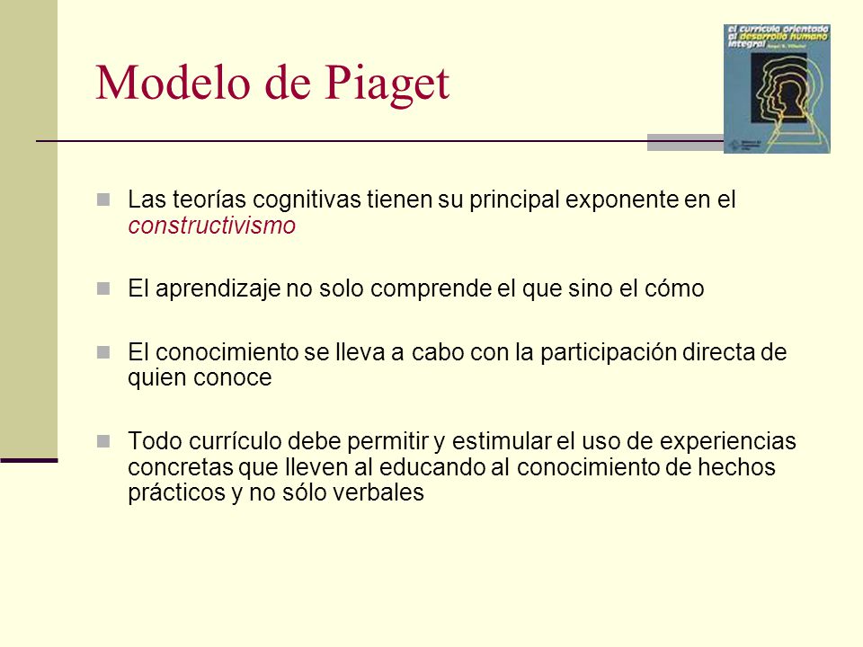 Modelo de Piaget Las teorías cognitivas tienen su principal exponente en el constructivismo El aprendizaje no solo comprende el que sino el cómo.