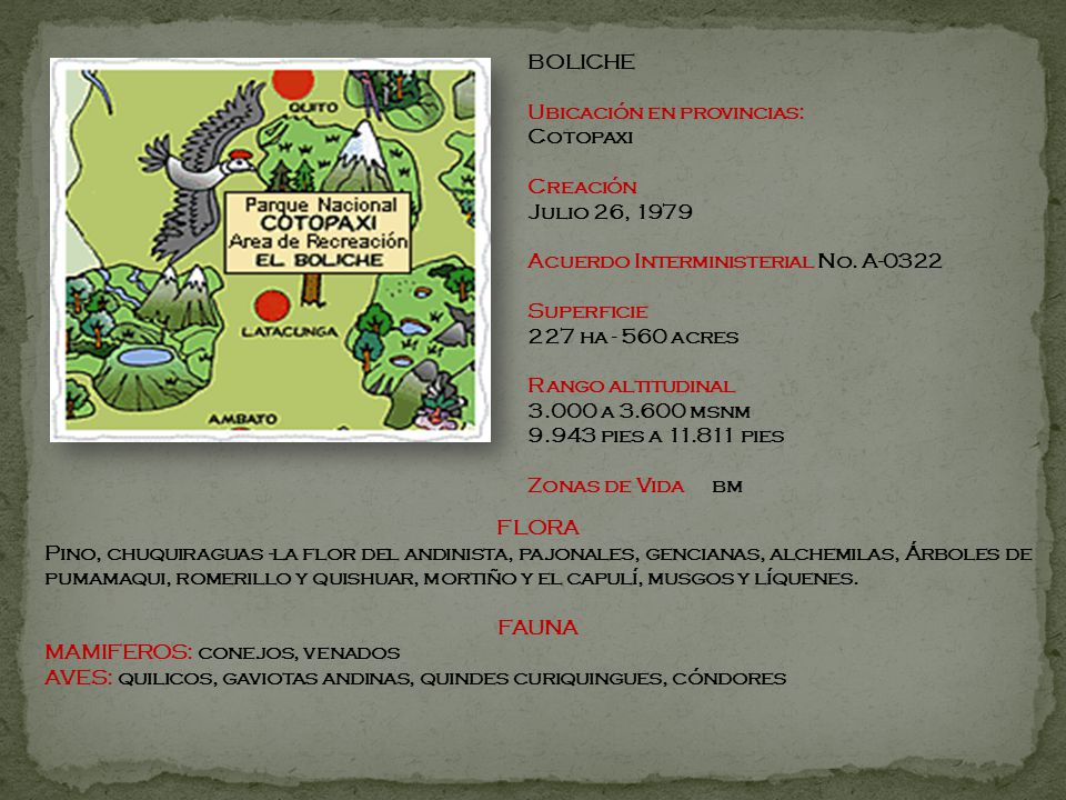 BOLICHE Ubicación en provincias: Cotopaxi. Creación Julio 26, Acuerdo Interministerial No. A
