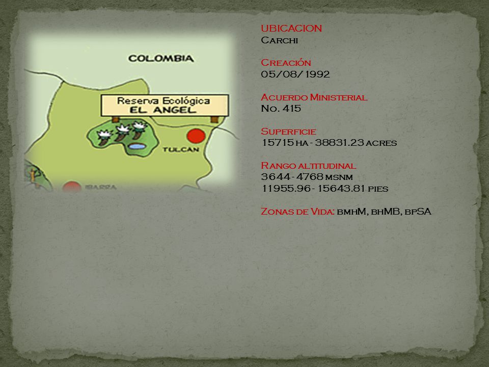 UBICACION Carchi Creación 05/08/1992. Acuerdo Ministerial. No Superficie ha acres.