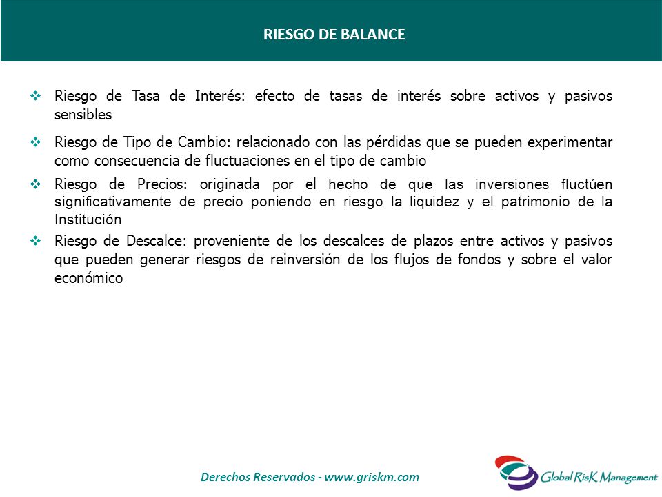 RIESGO DE BALANCE Riesgo de Tasa de Interés: efecto de tasas de interés sobre activos y pasivos sensibles.