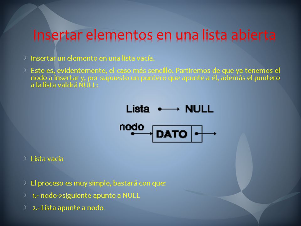 Insertar elementos en una lista abierta