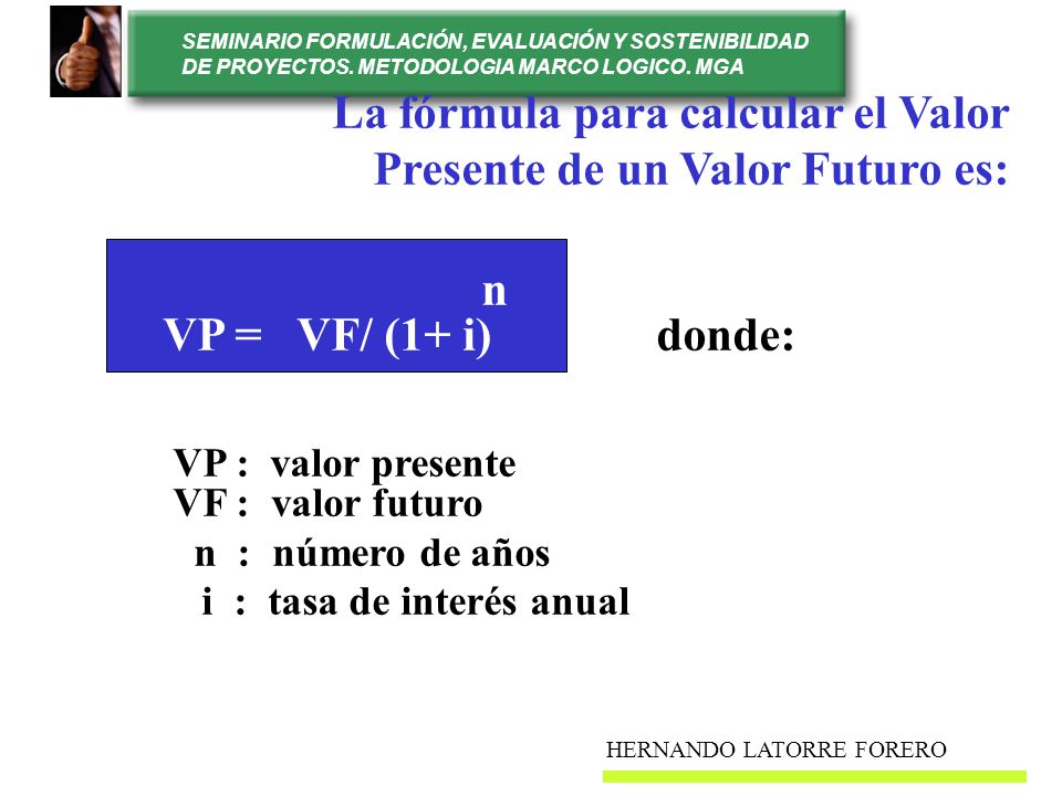 La fórmula para calcular el Valor Presente de un Valor Futuro es: