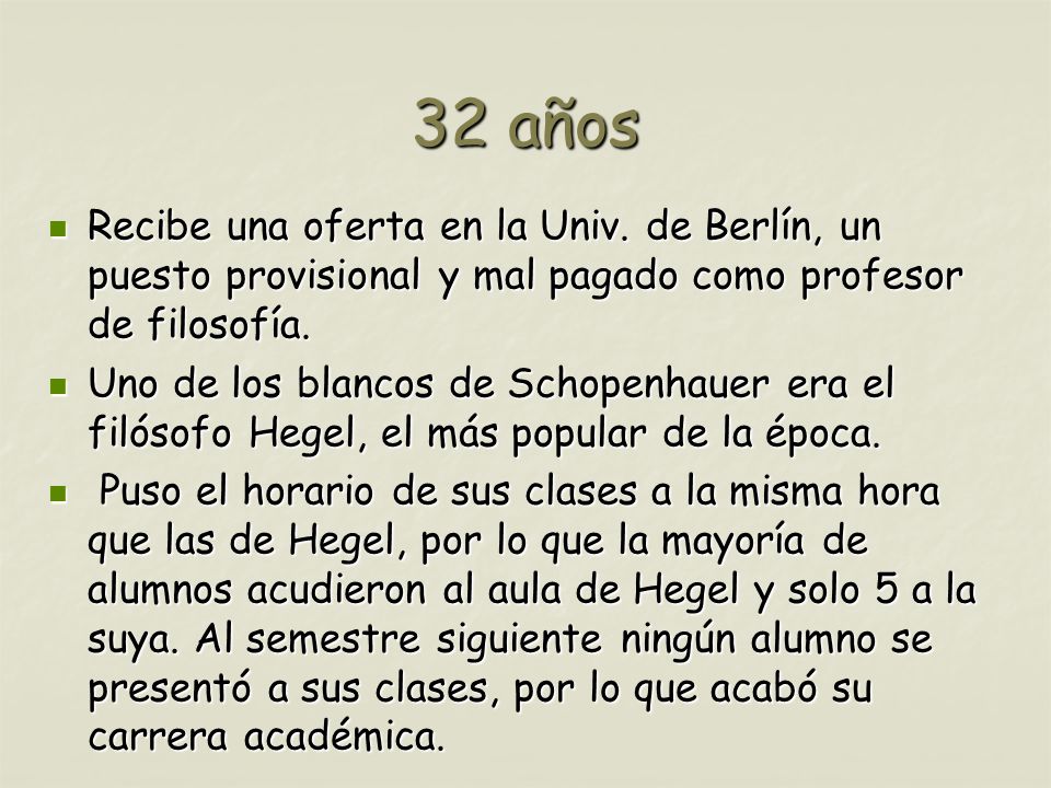 32 años Recibe una oferta en la Univ. de Berlín, un puesto provisional y mal pagado como profesor de filosofía.