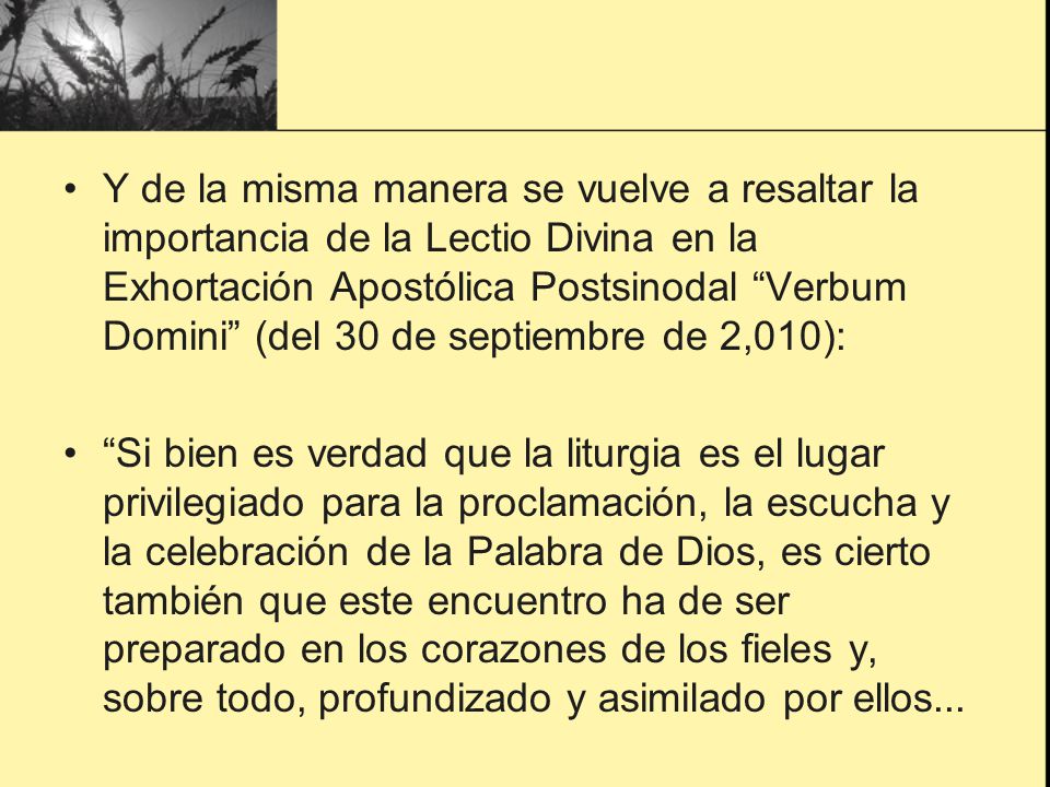 Y de la misma manera se vuelve a resaltar la importancia de la Lectio Divina en la Exhortación Apostólica Postsinodal Verbum Domini (del 30 de septiembre de 2,010):