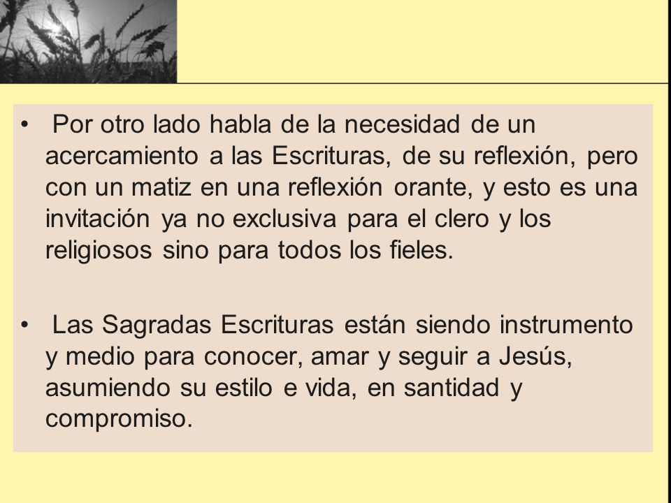 Por otro lado habla de la necesidad de un acercamiento a las Escrituras, de su reflexión, pero con un matiz en una reflexión orante, y esto es una invitación ya no exclusiva para el clero y los religiosos sino para todos los fieles.
