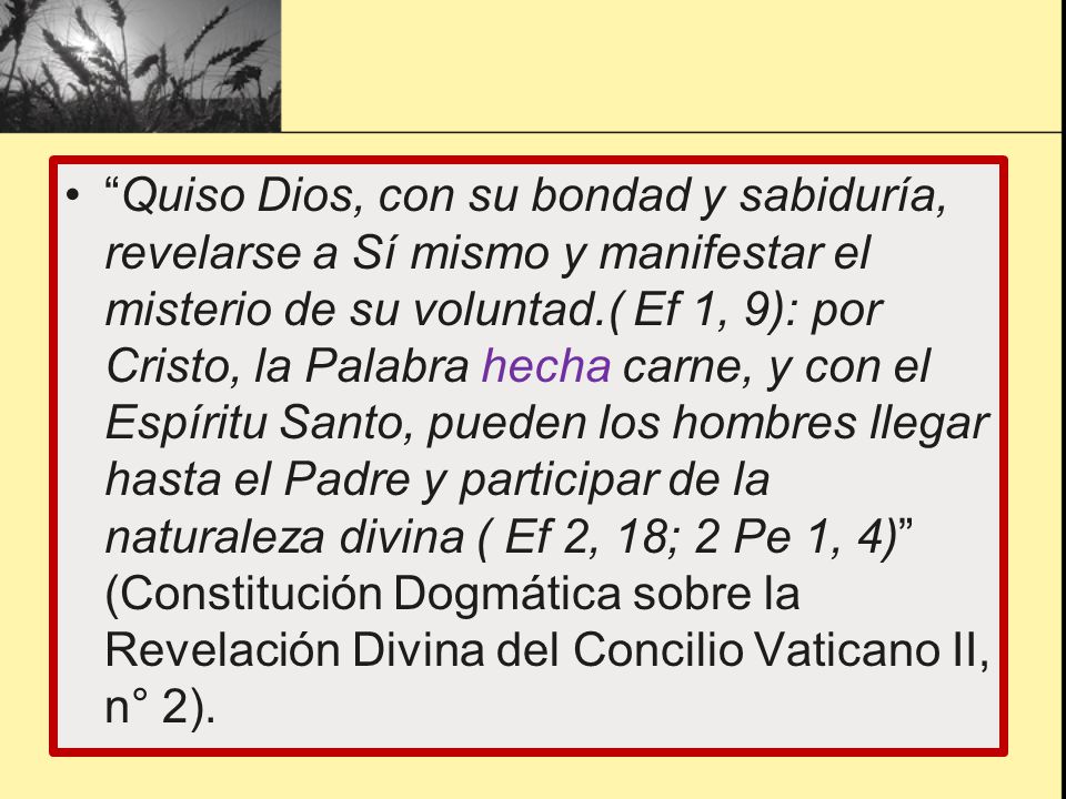 Quiso Dios, con su bondad y sabiduría, revelarse a Sí mismo y manifestar el misterio de su voluntad.( Ef 1, 9): por Cristo, la Palabra hecha carne, y con el Espíritu Santo, pueden los hombres llegar hasta el Padre y participar de la naturaleza divina ( Ef 2, 18; 2 Pe 1, 4) (Constitución Dogmática sobre la Revelación Divina del Concilio Vaticano II, n° 2).
