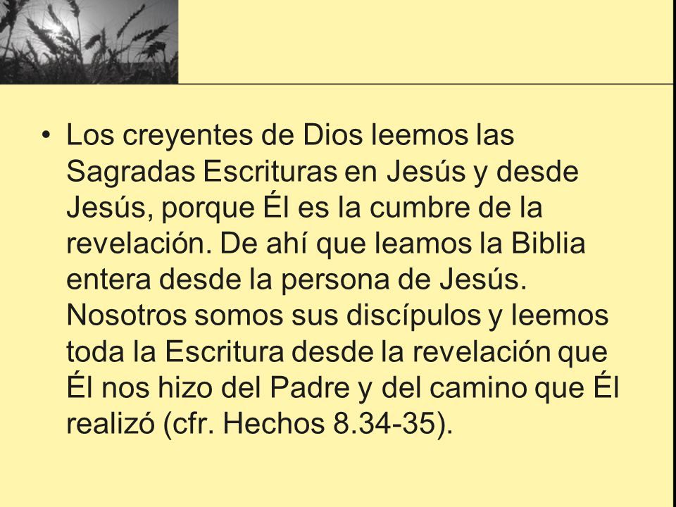 Los creyentes de Dios leemos las Sagradas Escrituras en Jesús y desde Jesús, porque Él es la cumbre de la revelación.
