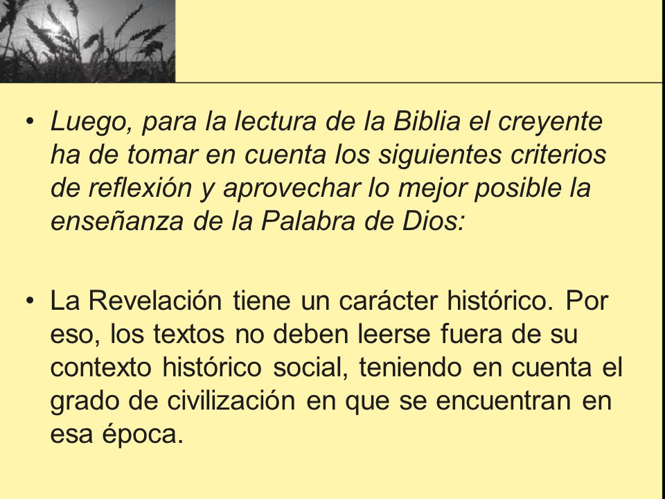 Luego, para la lectura de la Biblia el creyente ha de tomar en cuenta los siguientes criterios de reflexión y aprovechar lo mejor posible la enseñanza de la Palabra de Dios: